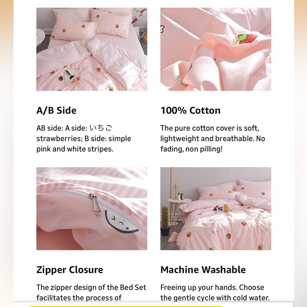 NWT New Kawaii Strawberry Pink Full Queen Bedding Duvet Cover Pillow Sham Set - Picture 4 of 6